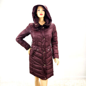 Vince Camuto Long Puffer  Jacket Womens Small Burgundy Hood  Cozy